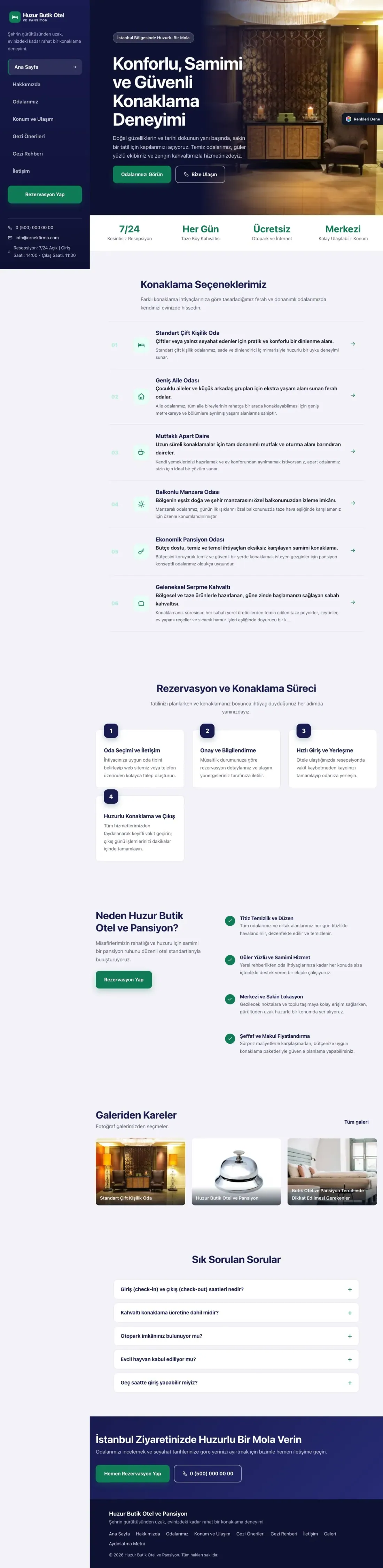 Otel ve Pansiyon için Sol Menü Lacivert Turkuaz – Otel ve Pansiyon Web Sitesi ana sayfa görünümü