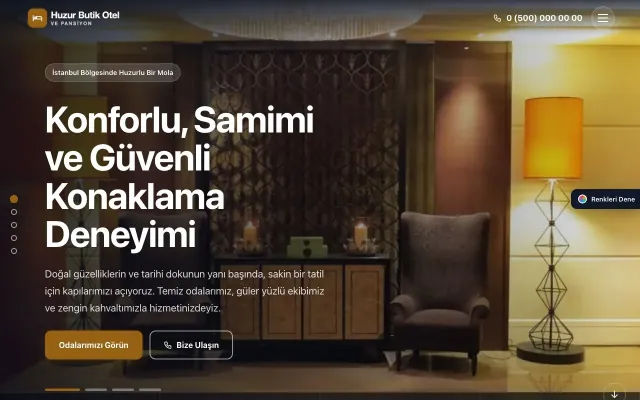 Otel ve Pansiyon için Tam Ekran Mavi Turuncu – Otel ve Pansiyon Web Sitesi ana sayfa görünümü