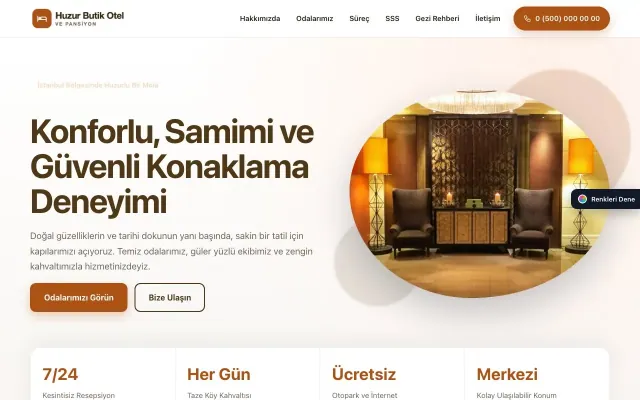 Otel ve Pansiyon için Tek Sayfa Kahve Turuncu – Otel ve Pansiyon Web Sitesi ana sayfa görünümü
