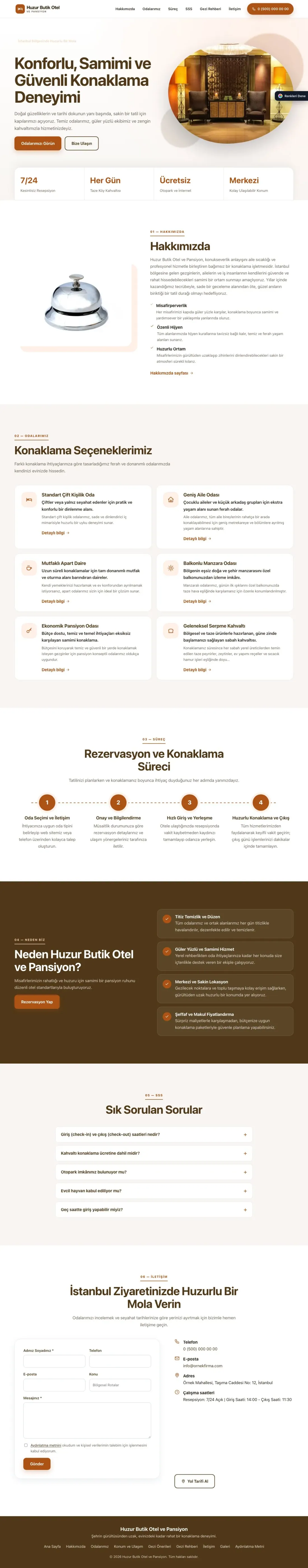 Otel ve Pansiyon için Tek Sayfa Kahve Turuncu – Otel ve Pansiyon Web Sitesi ana sayfa görünümü