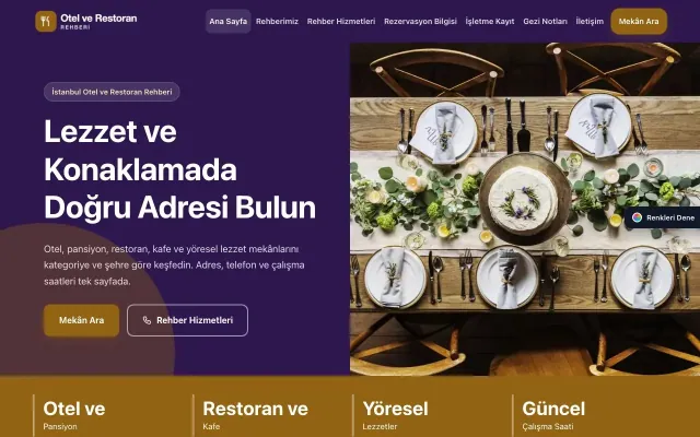Otel ve Restoran Rehberi için Blok Mor Turuncu – Otel ve Restoran Rehberi Web Sitesi ana sayfa görünümü
