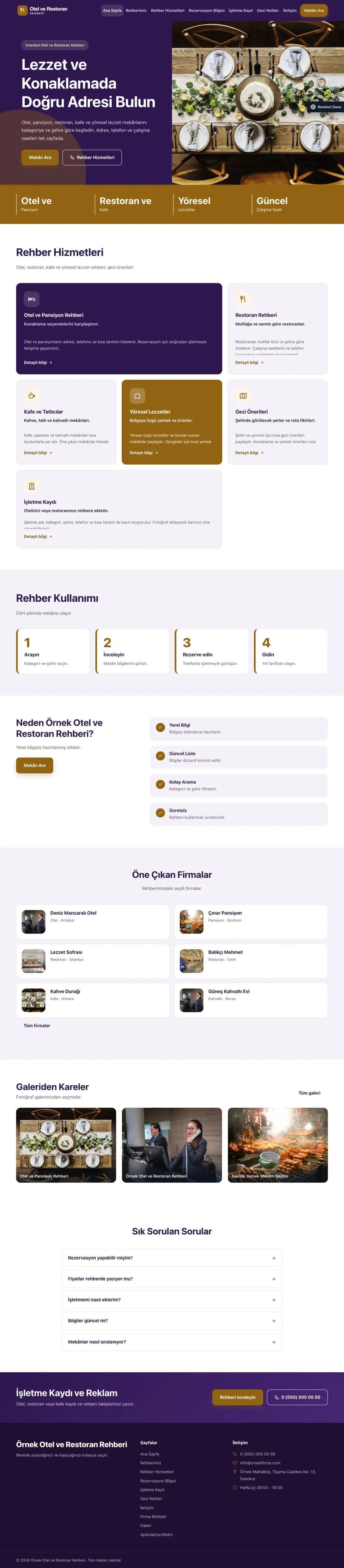 Otel ve Restoran Rehberi için Blok Mor Turuncu – Otel ve Restoran Rehberi Web Sitesi ana sayfa görünümü