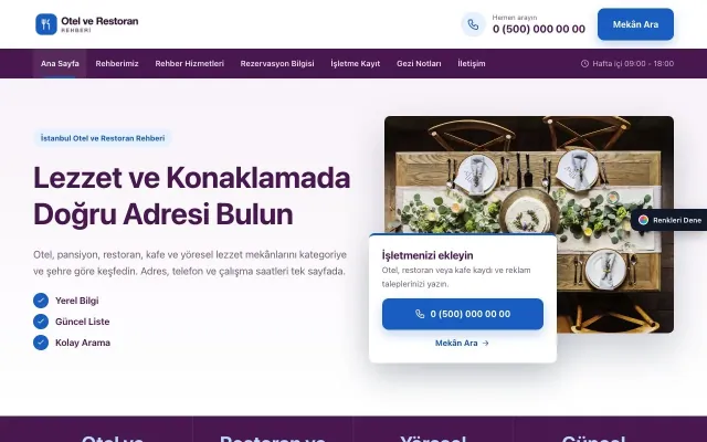 Otel ve Restoran Rehberi için Bölünmüş Mor Mavi – Otel ve Restoran Rehberi Web Sitesi ana sayfa görünümü