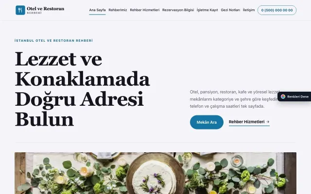 Otel ve Restoran Rehberi için Dergi Editoryal Lacivert Mavi – Otel ve Restoran Rehberi Web Sitesi ana sayfa görünümü