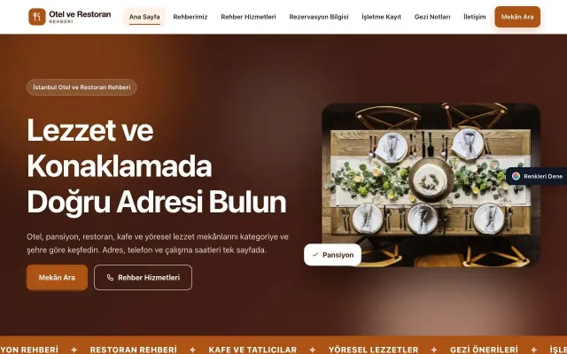 Otel ve Restoran Rehberi için Hareketli Bordo Turuncu – Otel ve Restoran Rehberi Web Sitesi ana sayfa görünümü