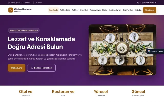 Otel ve Restoran Rehberi için Klasik Mor Turuncu – Otel ve Restoran Rehberi Web Sitesi ana sayfa görünümü