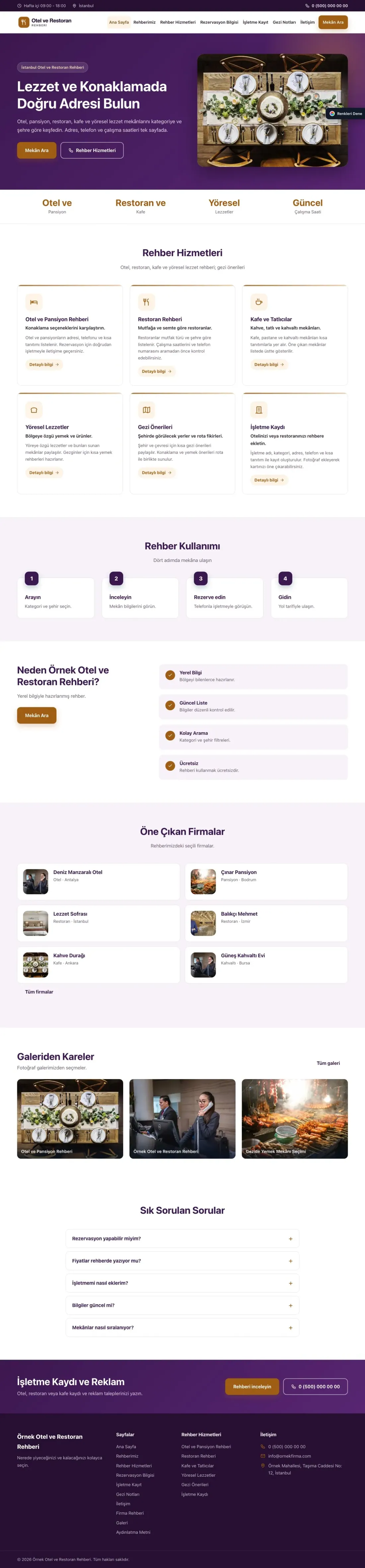 Otel ve Restoran Rehberi için Klasik Mor Turuncu – Otel ve Restoran Rehberi Web Sitesi ana sayfa görünümü