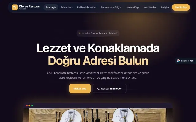 Otel ve Restoran Rehberi için Koyu Modern Mor Turuncu – Otel ve Restoran Rehberi Web Sitesi ana sayfa görünümü