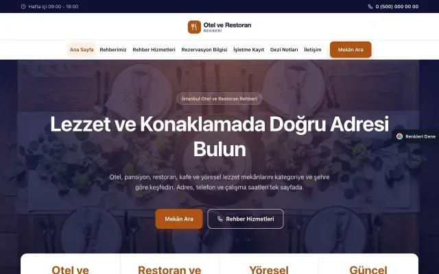 Otel ve Restoran Rehberi için Merkez Lacivert Turuncu – Otel ve Restoran Rehberi Web Sitesi ana sayfa görünümü