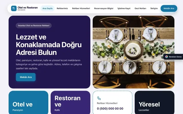 Otel ve Restoran Rehberi için Mozaik Lacivert Mavi – Otel ve Restoran Rehberi Web Sitesi ana sayfa görünümü