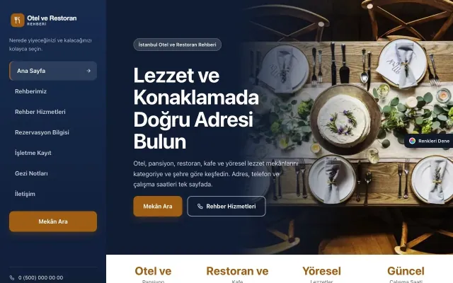 Otel ve Restoran Rehberi için Sol Menü Mavi Turuncu – Otel ve Restoran Rehberi Web Sitesi ana sayfa görünümü