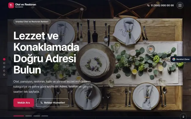 Otel ve Restoran Rehberi için Tam Ekran Lacivert Kırmızı – Otel ve Restoran Rehberi Web Sitesi ana sayfa görünümü