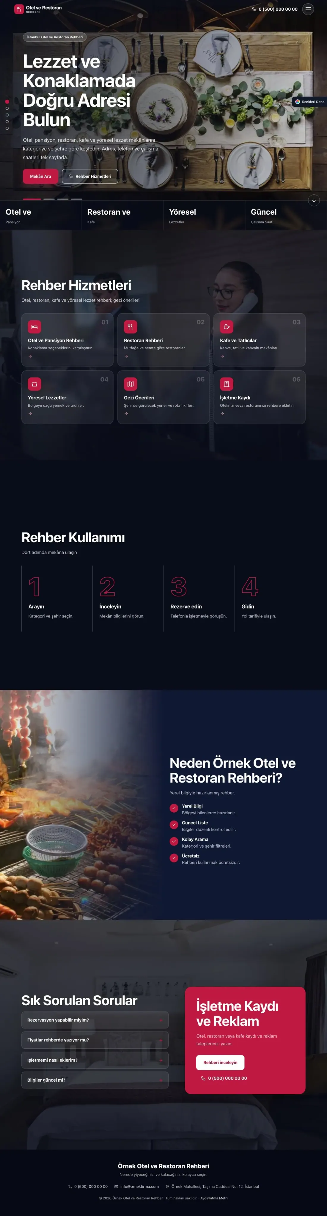 Otel ve Restoran Rehberi için Tam Ekran Lacivert Kırmızı – Otel ve Restoran Rehberi Web Sitesi ana sayfa görünümü