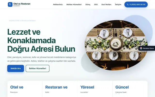 Otel ve Restoran Rehberi için Tek Sayfa Petrol Mavi – Otel ve Restoran Rehberi Web Sitesi ana sayfa görünümü