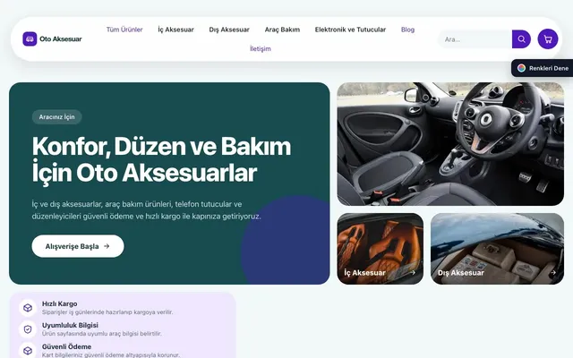 Oto Aksesuar Mağazası için Bento Petrol Mor – Oto Aksesuar Mağazası E-ticaret Sitesi ana sayfa görünümü