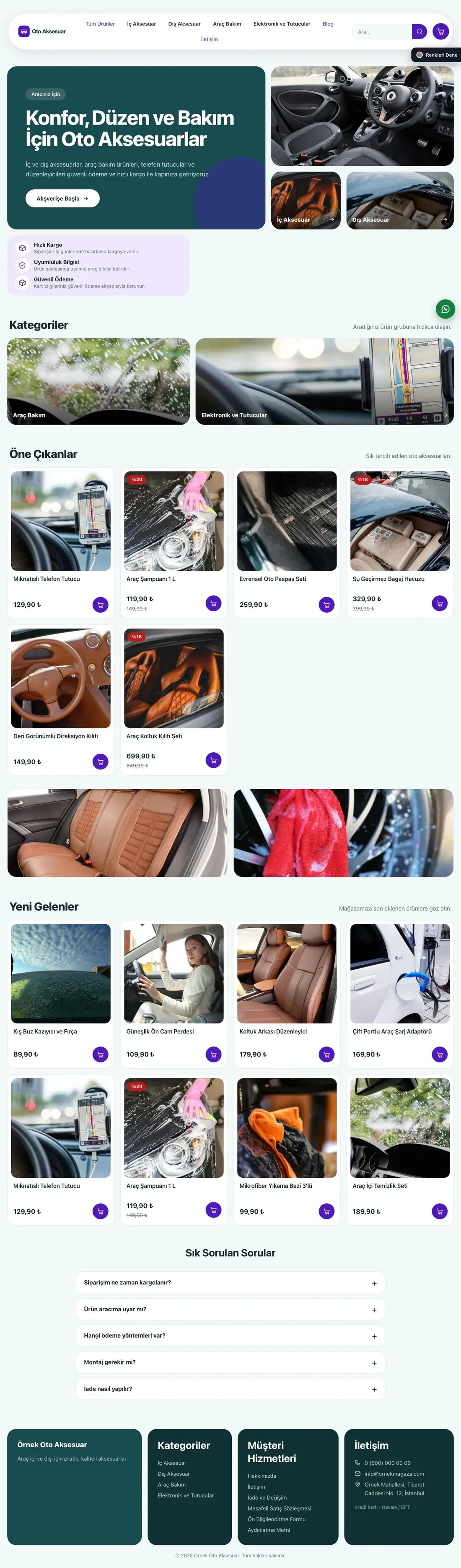 Oto Aksesuar Mağazası için Bento Petrol Mor – Oto Aksesuar Mağazası E-ticaret Sitesi ana sayfa görünümü