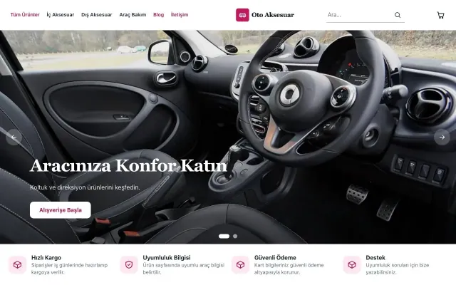 Oto Aksesuar Mağazası için Butik Mavi Pembe – Oto Aksesuar Mağazası E-ticaret Sitesi ana sayfa görünümü