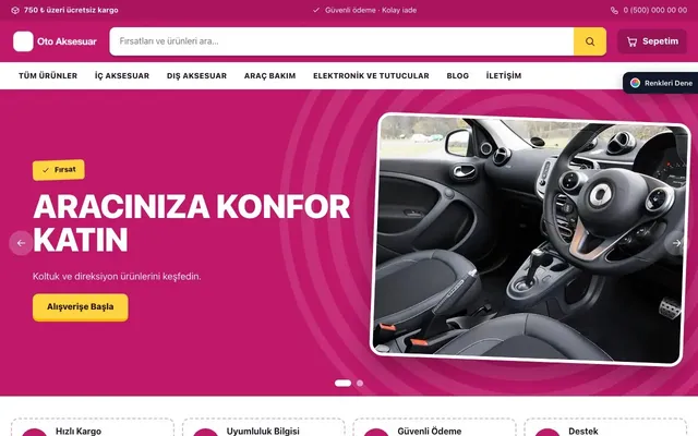 Oto Aksesuar Mağazası için Kampanya Mor Pembe – Oto Aksesuar Mağazası E-ticaret Sitesi ana sayfa görünümü