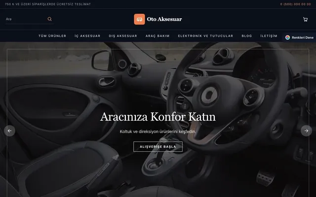 Oto Aksesuar Mağazası için Koyu Lüks Mavi Turuncu – Oto Aksesuar Mağazası E-ticaret Sitesi ana sayfa görünümü