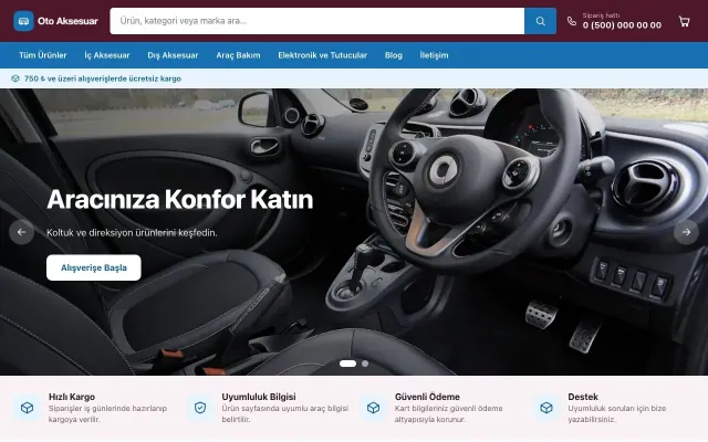 Oto Aksesuar Mağazası için Market Bordo Mavi – Oto Aksesuar Mağazası E-ticaret Sitesi ana sayfa görünümü