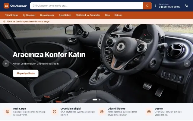 Oto Aksesuar Mağazası için Market Mavi Turuncu – Oto Aksesuar Mağazası E-ticaret Sitesi ana sayfa görünümü