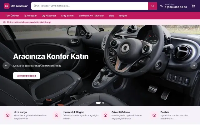 Oto Aksesuar Mağazası için Market Mor Pembe – Oto Aksesuar Mağazası E-ticaret Sitesi ana sayfa görünümü