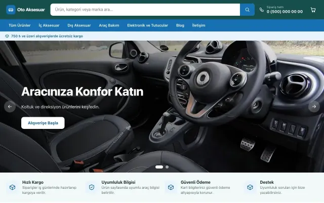 Oto Aksesuar Mağazası için Market Petrol Mavi – Oto Aksesuar Mağazası E-ticaret Sitesi ana sayfa görünümü