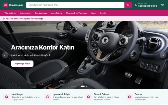 Oto Aksesuar Mağazası için Market Petrol Pembe – Oto Aksesuar Mağazası E-ticaret Sitesi ana sayfa görünümü