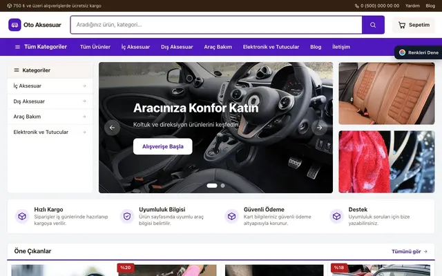Oto Aksesuar Mağazası için Pazar Yeri Kahve Mor – Oto Aksesuar Mağazası E-ticaret Sitesi ana sayfa görünümü