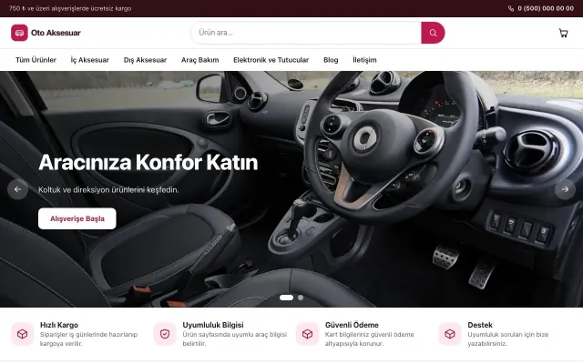Oto Aksesuar Mağazası için Vitrin Bordo Pembe – Oto Aksesuar Mağazası E-ticaret Sitesi ana sayfa görünümü