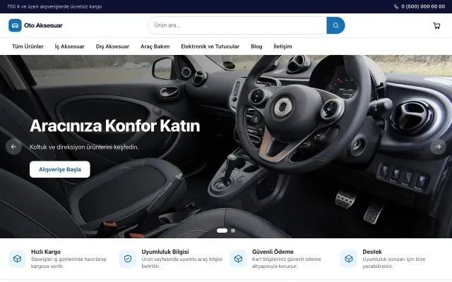 Oto Aksesuar Mağazası için Vitrin Lacivert Mavi – Oto Aksesuar Mağazası E-ticaret Sitesi ana sayfa görünümü
