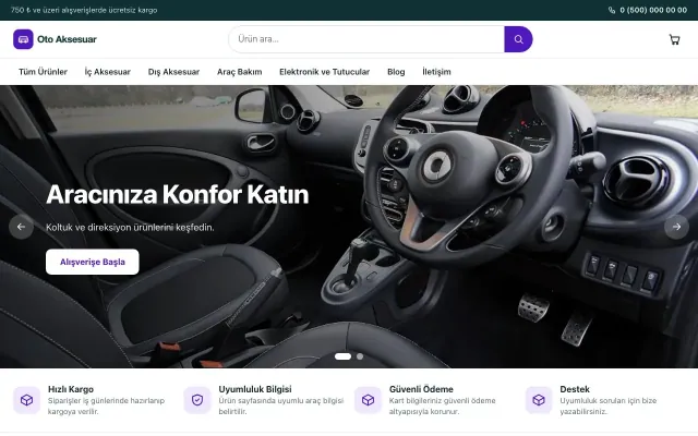 Oto Aksesuar Mağazası için Vitrin Petrol Mor – Oto Aksesuar Mağazası E-ticaret Sitesi ana sayfa görünümü