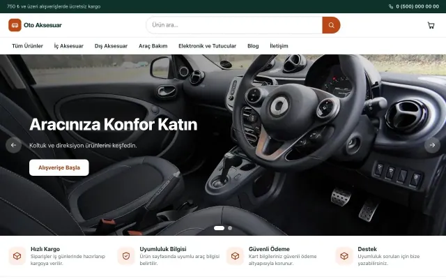 Oto Aksesuar Mağazası için Vitrin Petrol Turuncu – Oto Aksesuar Mağazası E-ticaret Sitesi ana sayfa görünümü