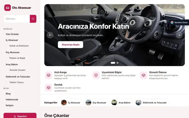 Oto Aksesuar Mağazası için Yan Menü Bordo Pembe – Oto Aksesuar Mağazası E-ticaret Sitesi ana sayfa görünümü