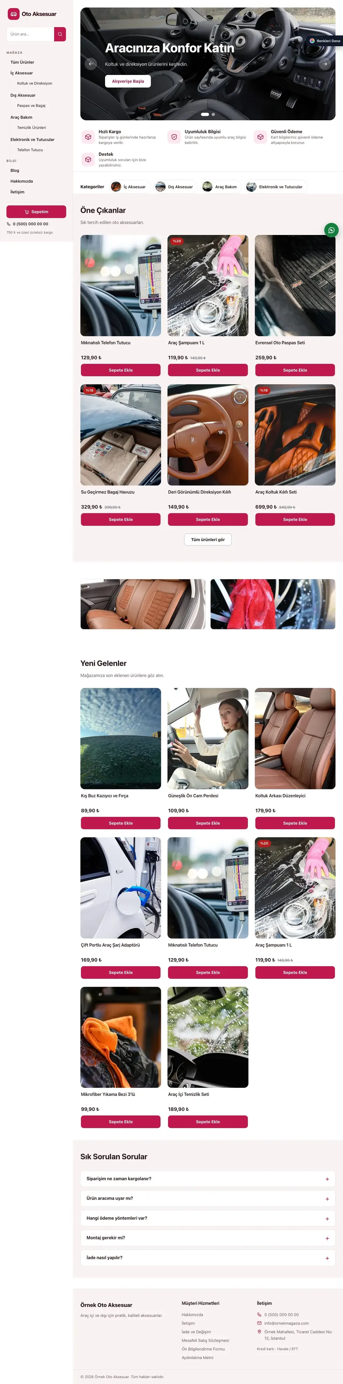 Oto Aksesuar Mağazası için Yan Menü Bordo Pembe – Oto Aksesuar Mağazası E-ticaret Sitesi ana sayfa görünümü