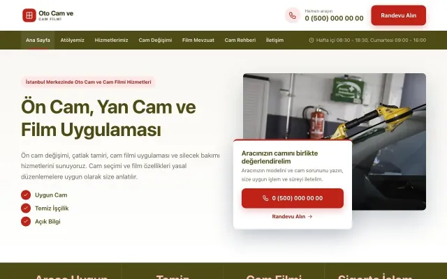 Oto Cam ve Cam Filmi için Bölünmüş Zeytin Kırmızı – Oto Cam ve Cam Filmi Web Sitesi ana sayfa görünümü