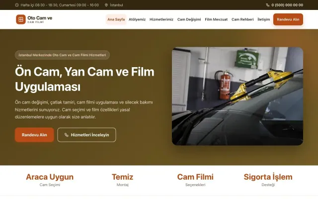 Oto Cam ve Cam Filmi için Klasik Kahve Turuncu – Oto Cam ve Cam Filmi Web Sitesi ana sayfa görünümü