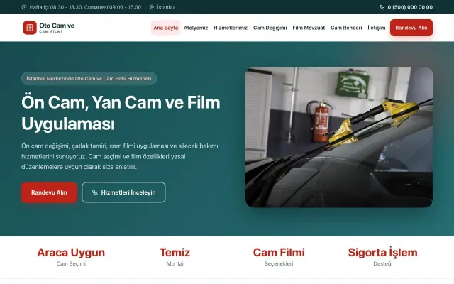 Oto Cam ve Cam Filmi için Klasik Petrol Kırmızı – Oto Cam ve Cam Filmi Web Sitesi ana sayfa görünümü