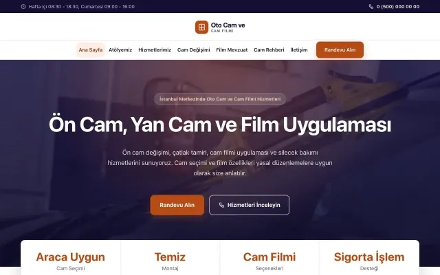 Oto Cam ve Cam Filmi için Merkez Lacivert Turuncu – Oto Cam ve Cam Filmi Web Sitesi ana sayfa görünümü