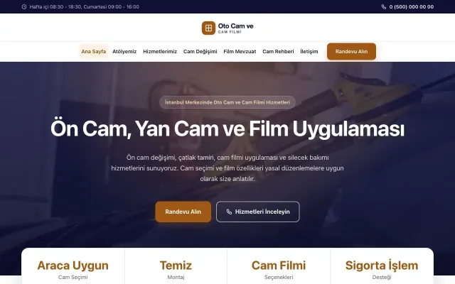 Oto Cam ve Cam Filmi için Merkez Lacivert Turuncu II – Oto Cam ve Cam Filmi Web Sitesi ana sayfa görünümü