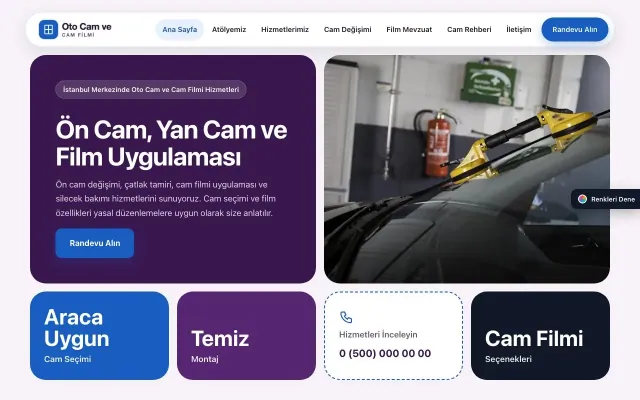 Oto Cam ve Cam Filmi için Mozaik Mor Mavi – Oto Cam ve Cam Filmi Web Sitesi ana sayfa görünümü