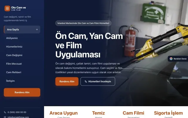 Oto Cam ve Cam Filmi için Sol Menü Mavi Turuncu – Oto Cam ve Cam Filmi Web Sitesi ana sayfa görünümü