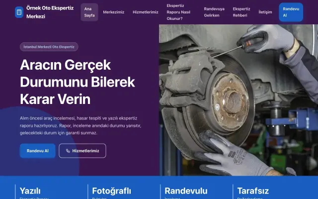 Oto Ekspertiz için Blok Mor Mavi – Oto Ekspertiz Web Sitesi ana sayfa görünümü