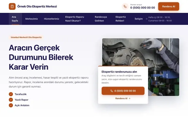 Oto Ekspertiz için Bölünmüş Lacivert Turuncu – Oto Ekspertiz Web Sitesi ana sayfa görünümü