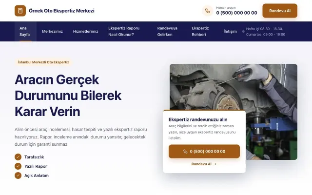 Oto Ekspertiz için Bölünmüş Lacivert Turuncu II – Oto Ekspertiz Web Sitesi ana sayfa görünümü