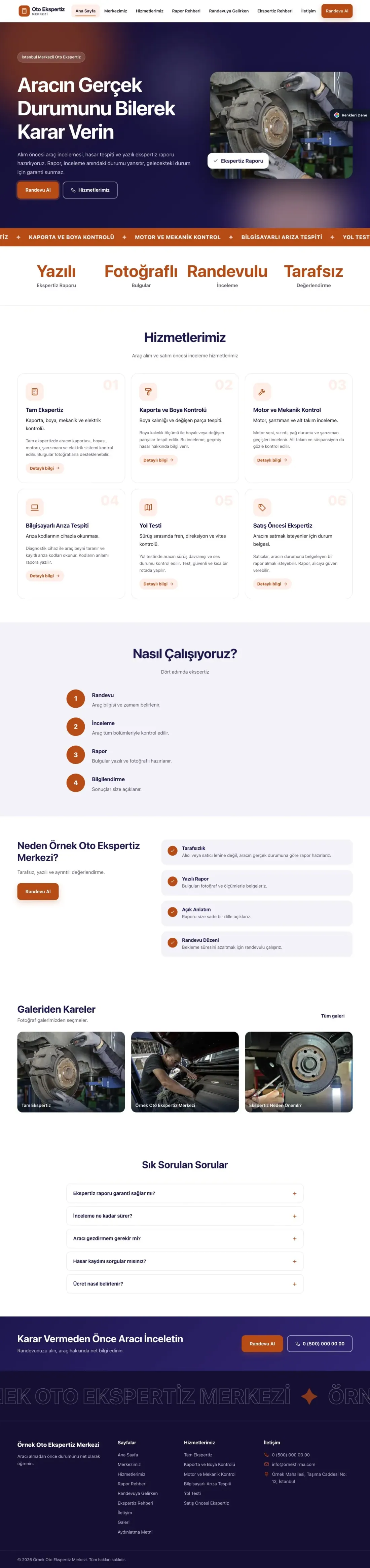 Oto Ekspertiz için Hareketli Lacivert Turuncu – Oto Ekspertiz Web Sitesi ana sayfa görünümü