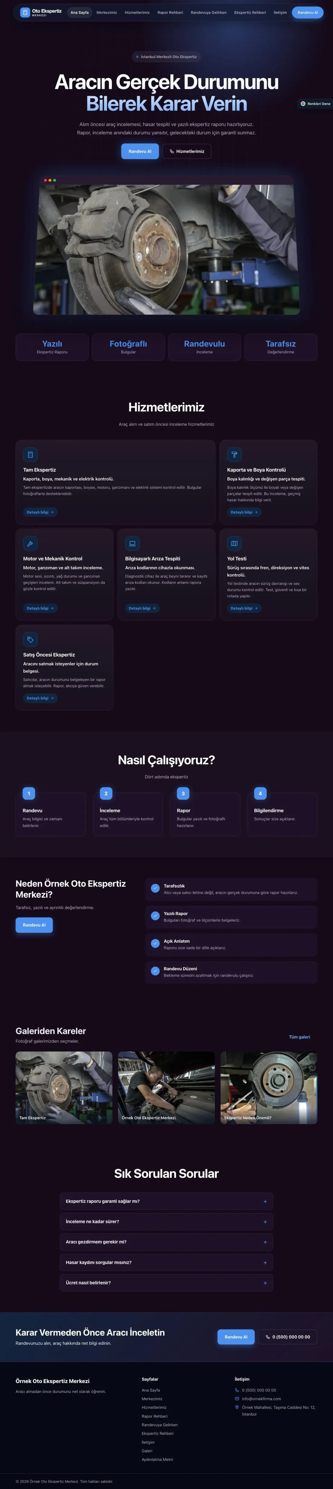 Oto Ekspertiz için Koyu Modern Mor Mavi – Oto Ekspertiz Web Sitesi ana sayfa görünümü