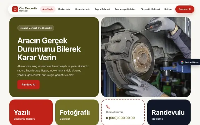 Oto Ekspertiz için Mozaik Zeytin Kırmızı – Oto Ekspertiz Web Sitesi ana sayfa görünümü
