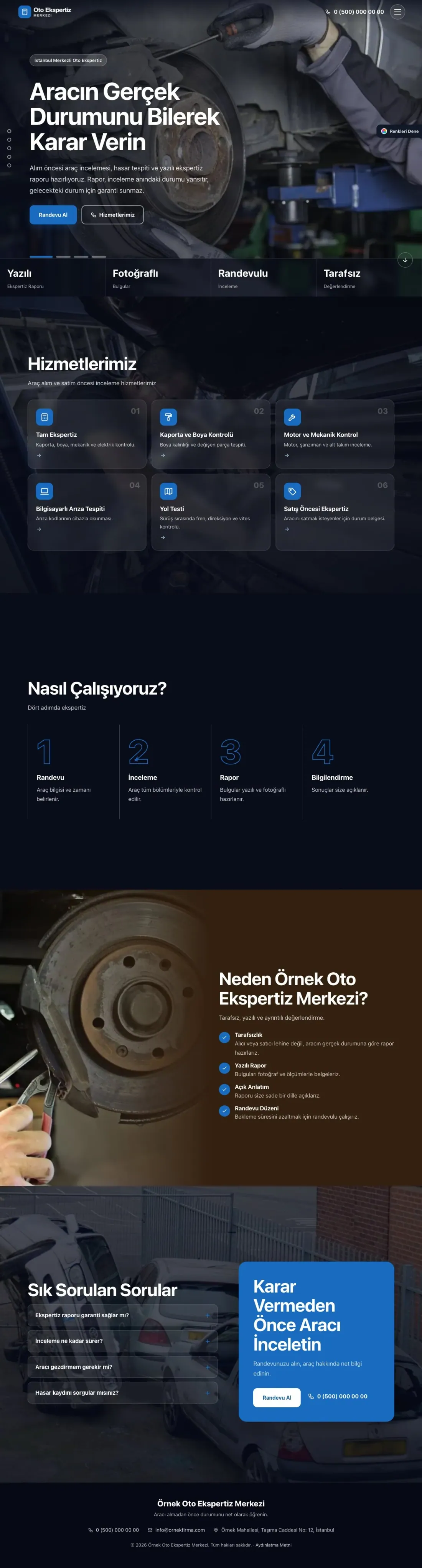 Oto Ekspertiz için Tam Ekran Kahve Mavi – Oto Ekspertiz Web Sitesi ana sayfa görünümü