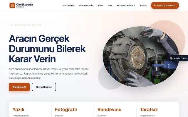 Oto Ekspertiz için Tek Sayfa Mavi Turuncu – Oto Ekspertiz Web Sitesi ana sayfa görünümü